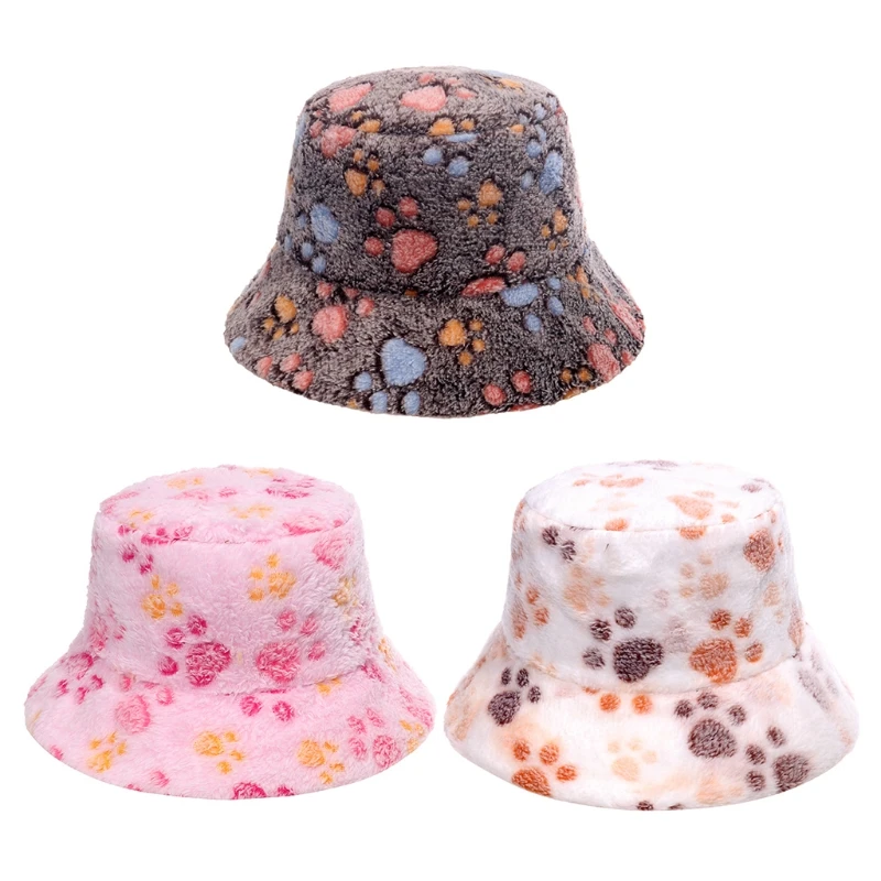

Kawaii Faux Rabbit Fur Soft Plush Fisherman Hat Cute Paw Print Fisherman Hat