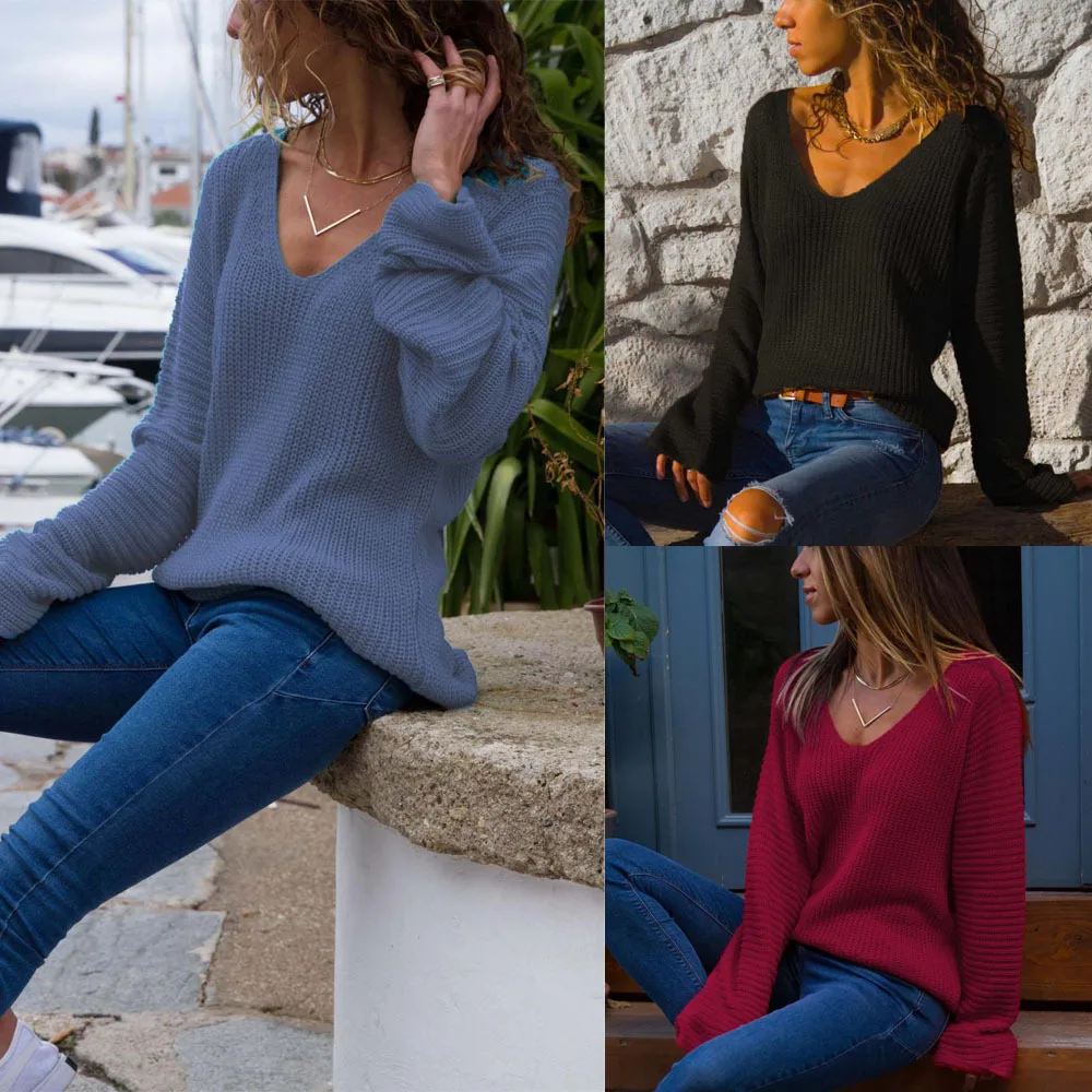 

2021 New Fashion Spring Autumn Sexy Loose Knitting Casual Long Sleeve Solid Colors Deep V-Neck Pullover Knitting Women Clothing