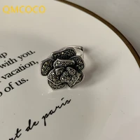 qmcoco silver color retro black flower open adjustable ring korean fashion punk ins style woman exquisite jewelry party gifts