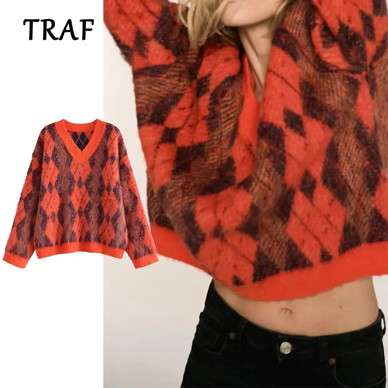 

Женский трикотажный свитер с алмазным узором, на весну