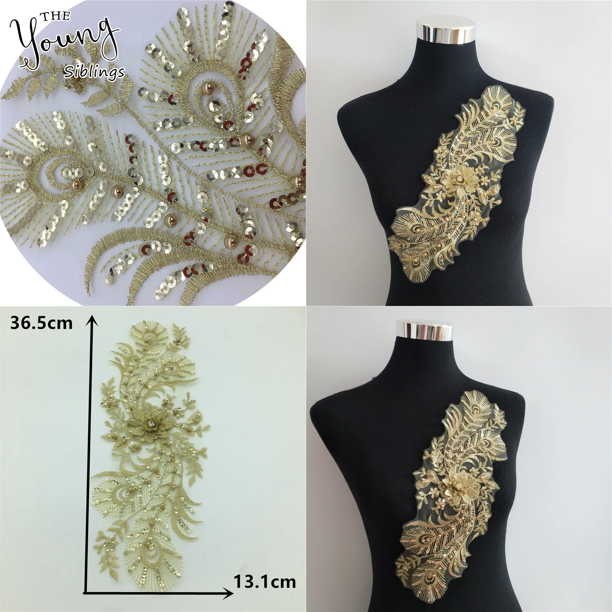 3D трехмерное цветочное украшение с золотой вышивкой аппликация блестками на шею