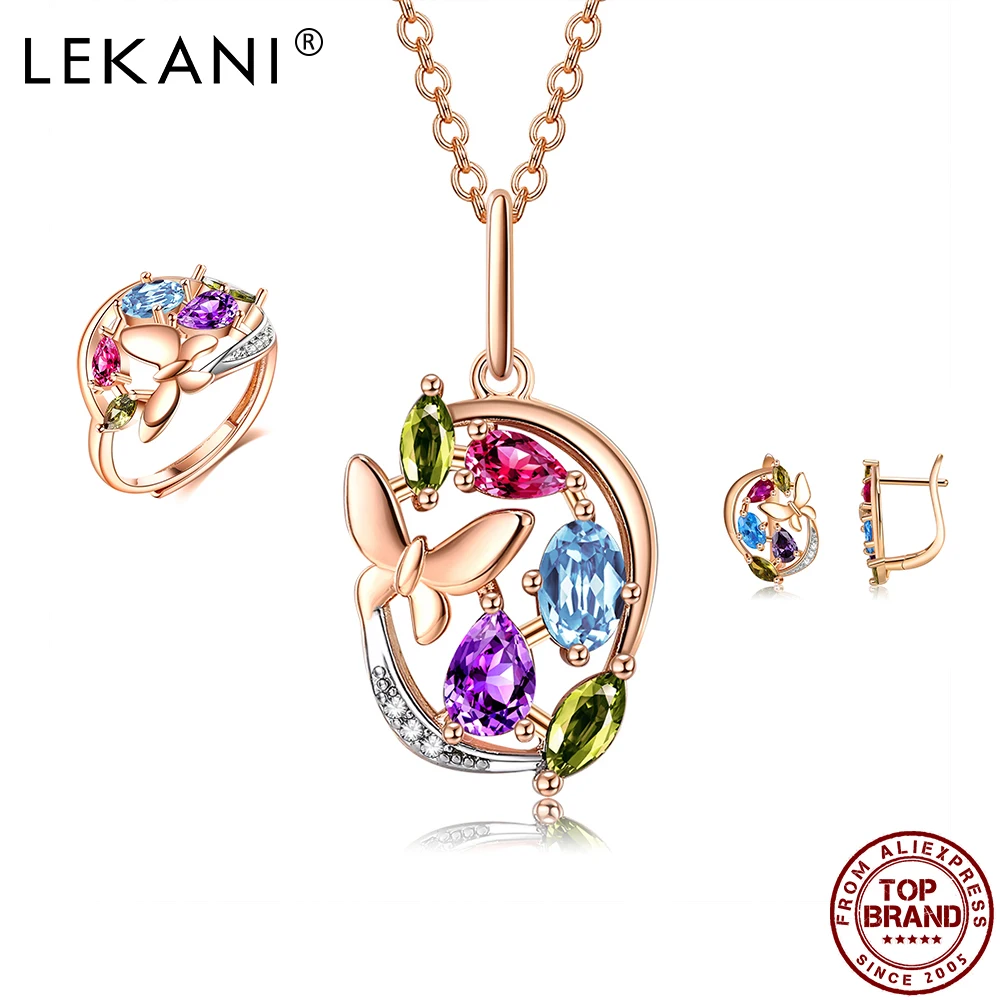 

LEKANI Butterfly Earrings Jewelry Sets For Women Colorful CZ Rose Gold Ring Fashion Jewelry Sets Anniversary Gift To Girlfriend