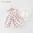 2 шт., летняя одежда для новорожденных, платья для младенцев, милая вишневая бабочка, хлопковое пляжное платье без рукавов для девочек + Солнцезащитная шляпа, комплект для детей, BC1866