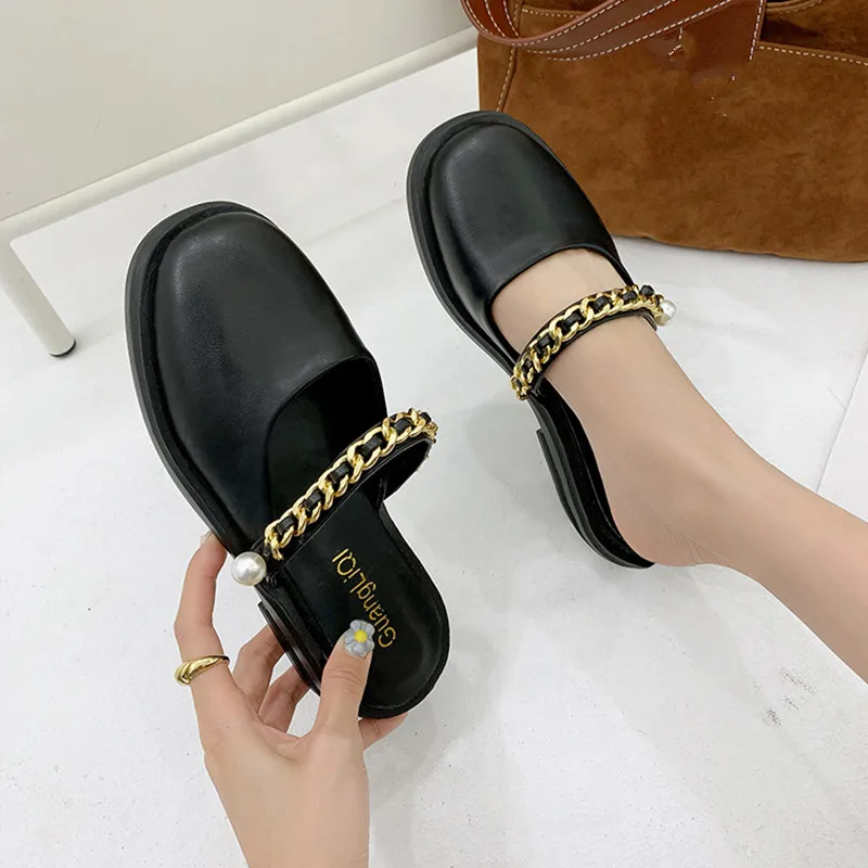 

Shoes Woman 2021 Female Mule Med Slippers Casual Shallow Pantofle Cover Toe Low Square heel Mules Luxury New Summer Block Flat S