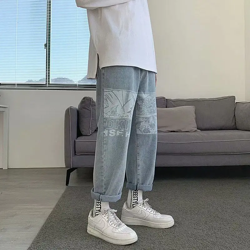 

Printed Jeans Men's Loose Casual Sports Straight-leg Pants Student Washed Denim Trousers All-match Fashion Pants Four Seasons