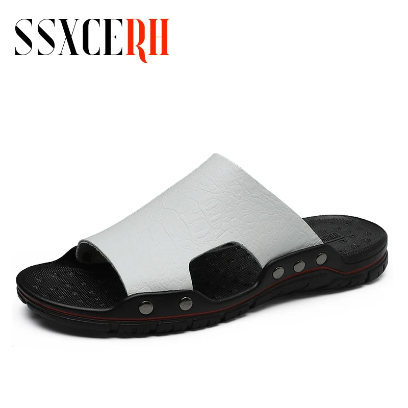 

New Men Slippers Men Shoes Outdoor Flip Flops Soft Sandals Stripes Casual Summer Male Fashion Leather Chaussures Femme Slippers