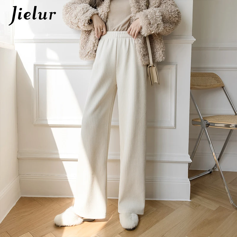 

Jielur Casual Apricot Straight-leg Trousers Female Black Autumn Corduroy Wide-leg Pants Women Winter Loose High Waist Pants S-XL