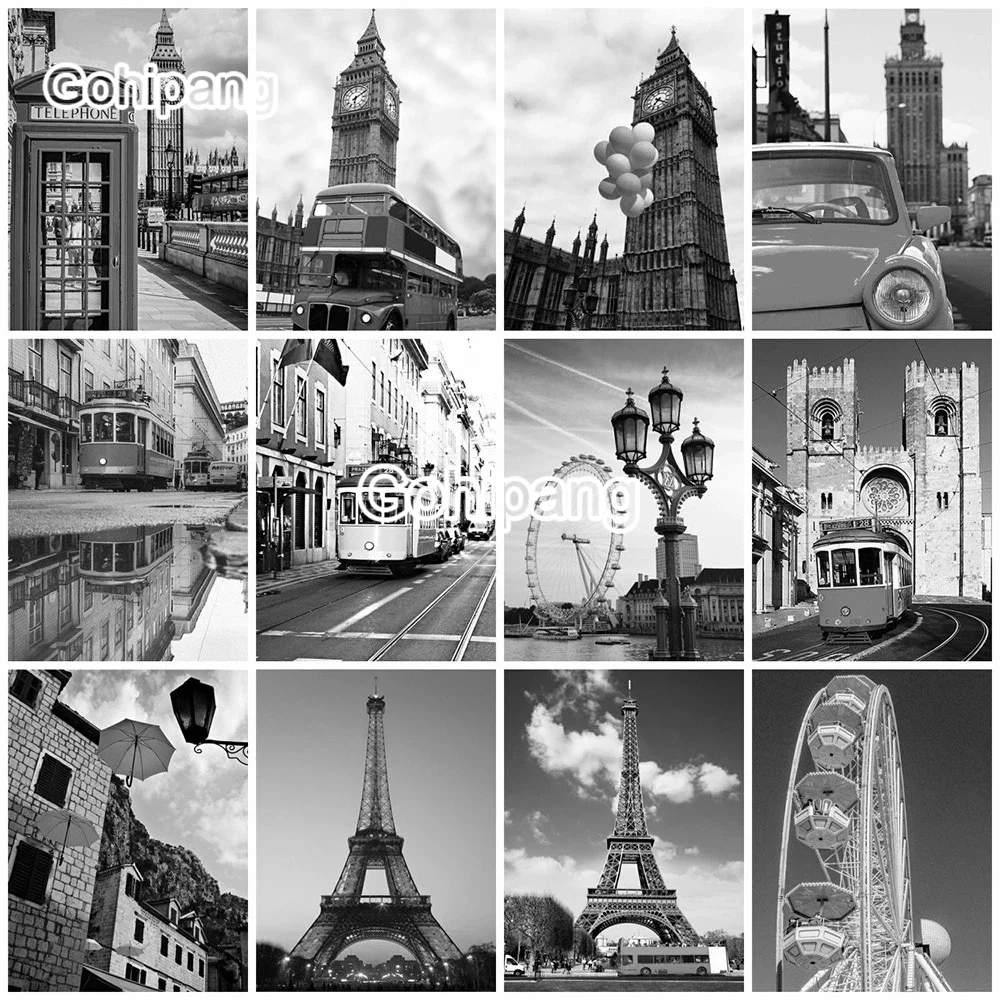 

Diamond Embroidery Vintage Style Gray European Architectures Full Display 5D DIY Rhinestones Square or Round Diamond Decoration