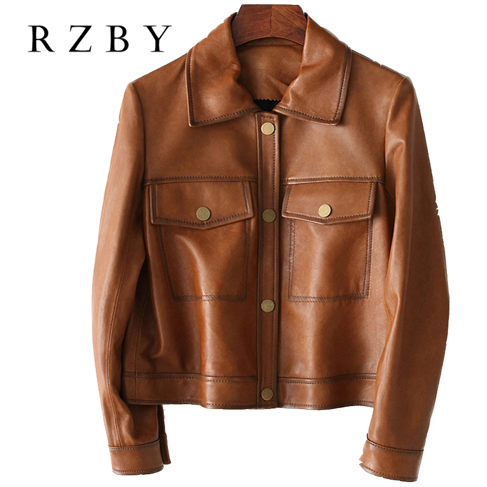 

RZBY Women 100% real sheepskin vintage leather clothes autumn fashion jackets RZBY212