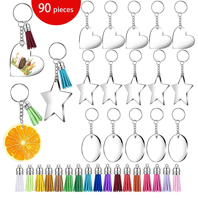 

Clear Round Heart Star Acrylic Keychain Blank with Keychain Rings and Colorful Tassel Pendants Set for DIY Projects