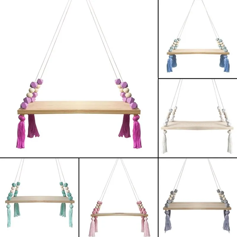 Деревянная настенная полка в скандинавском стиле с цветными бусинами и