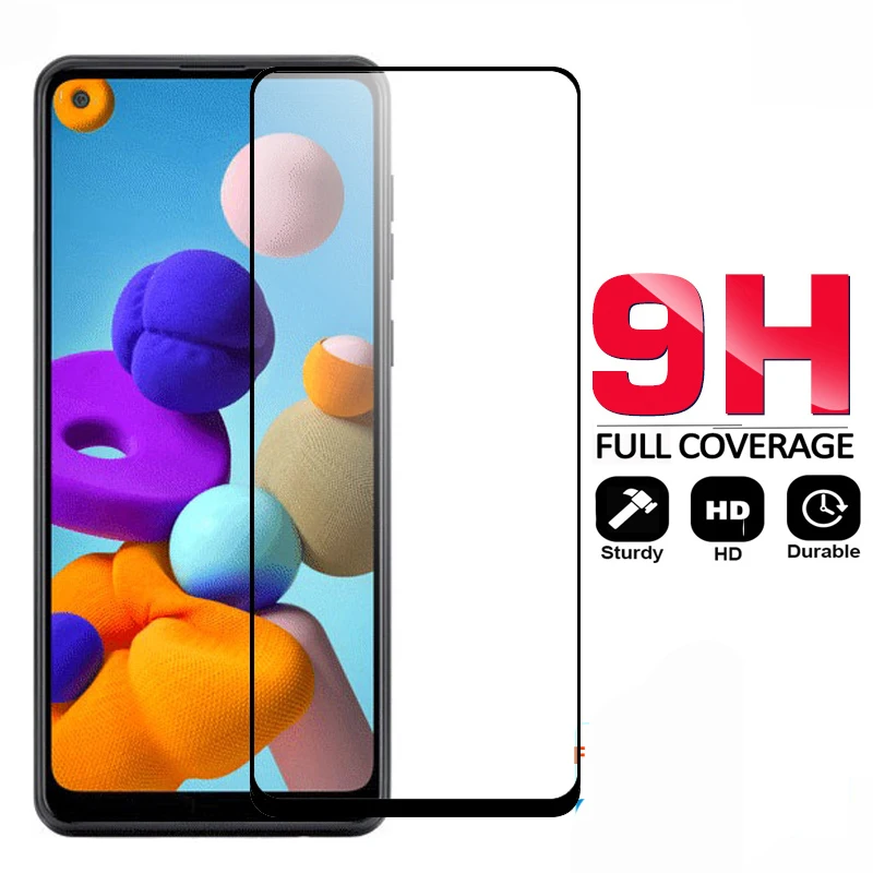 2 piezas de vidrio templado para Samsung Galaxy A21, Protector de pantalla de vidrio pegado completo para Samsung Galaxy A21 A215f/ds 3D, pel&iacute;cula de borde curvo-1