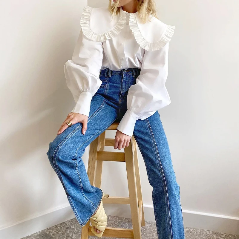 

Повседневная милая блузка в стиле ретро с оборками и большим отложным воротником, элегантная женская рубашка с длинным рукавом, однотонные ...