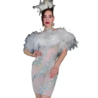 sparkling rhinestones white feather transparent short dresses sknny elastic women dresses dj singer dance stage wear