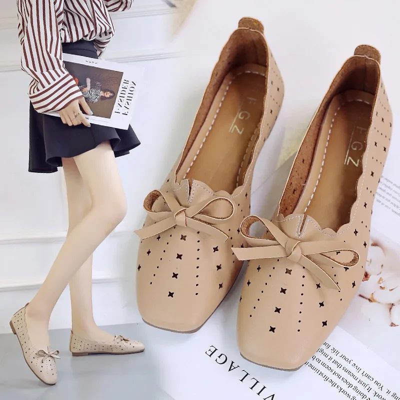 

2019 Women Shoes Hollow Leather Woman Flat Shoes Ladies Shallow Mouth Soft Slip on Roman Shoes Fashion Bow-knot Footwear Loafers