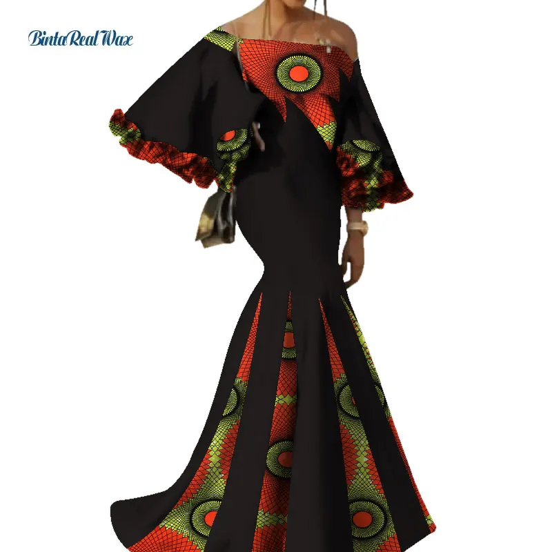 2021 Bazin Riche African Women Clothing Sexy Patchwork Flower Sleeve Long Dresses Party Vestidos African Print Dresses WY3441