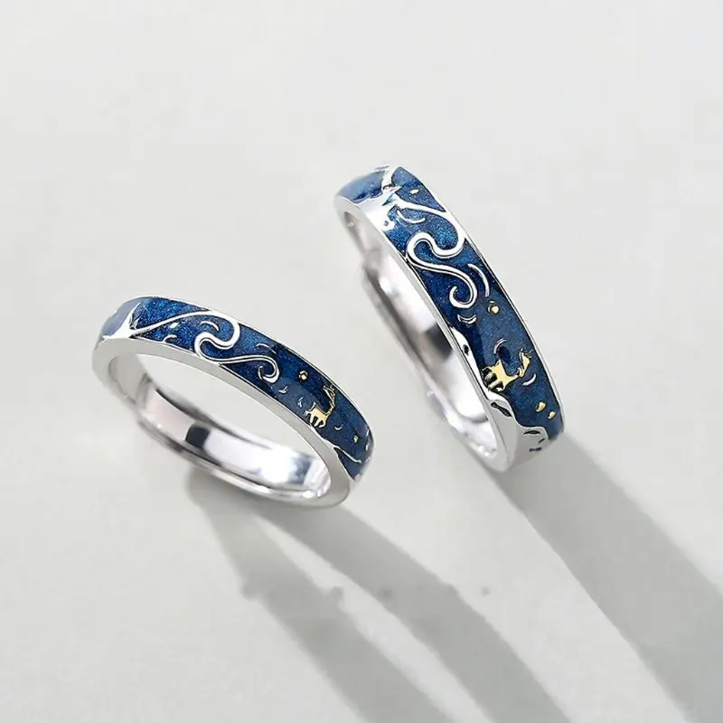 

2Pcs Deer Starry Sky Couple Ring Blue Starry Night Adjustable Lover Rings Bands 45BC