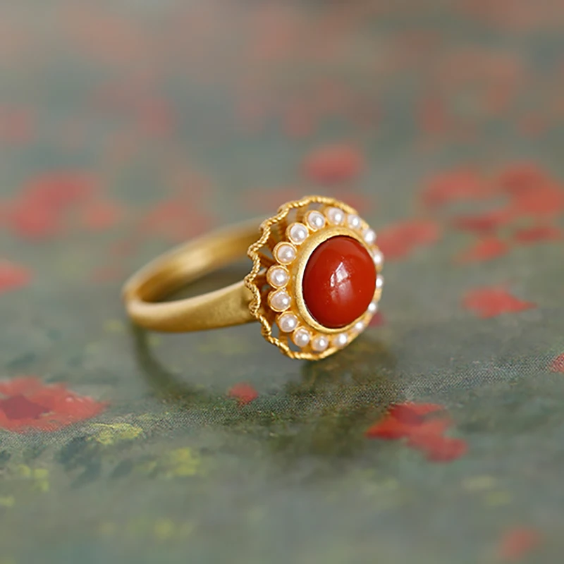 

Rotatable Red Stone Round Hollow Flower Rings for Women Resizable Dating Ring Chinese Fashion Jewelry Anillos Mujer Accessories