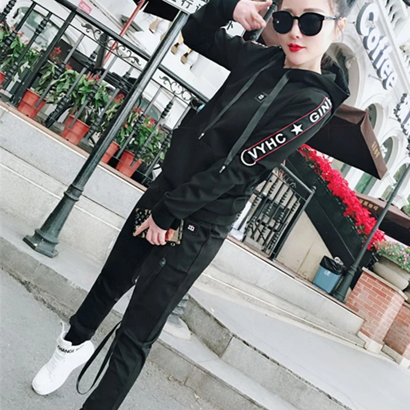 

New clothes Spring pattern motion Female Two-piece Korean version Trend Hooded Jacket+black loose Drawstring Full Length LYW27