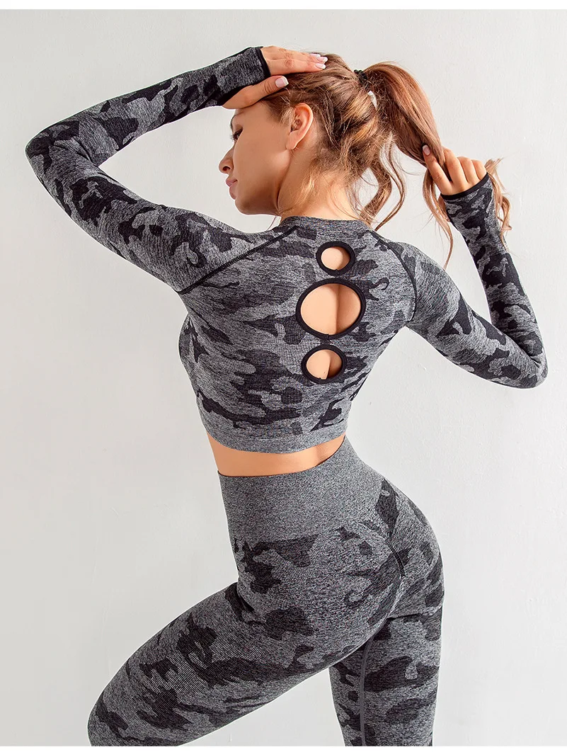 

Seamless Yoga Tshirts Camouflage Fitness Long-Sleeved Top Sweet Preppy Style Tight-Fitting Autumn Breathable Hollow Sportswear