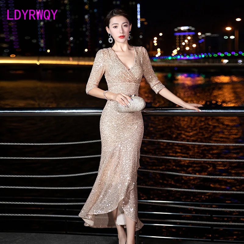 2022 night show female slim slim three-quarter sleeve dress sequined length