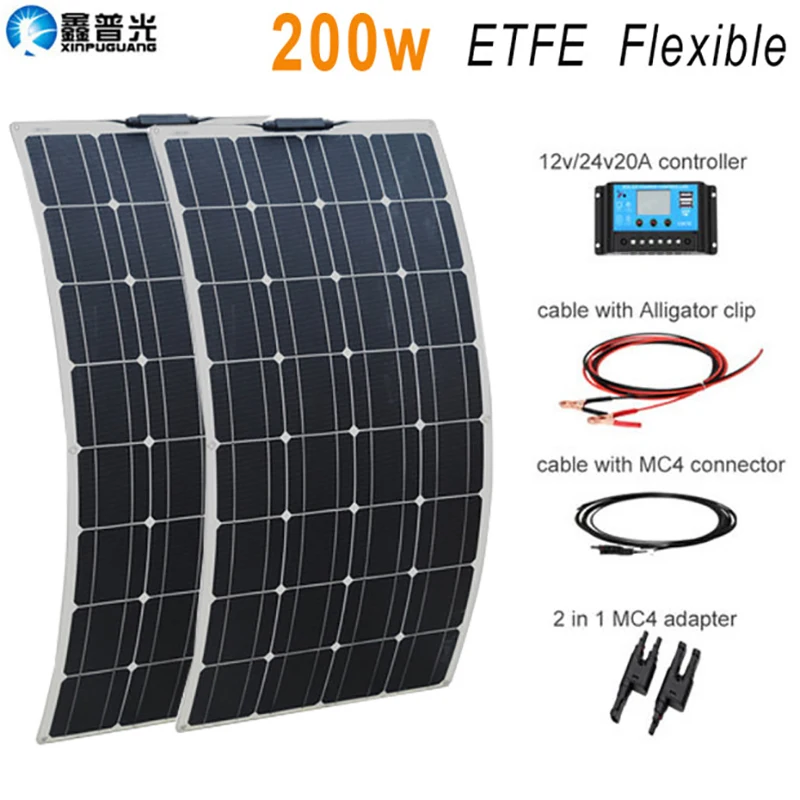 xinpuguang гибкий портативный портативный ETFE солнечная батарея панель 100w 12v комплект зарядного устройства для зарядки аккумулятора монокристаллический для 1000w System Boat Car Camping путешествия по Китаю