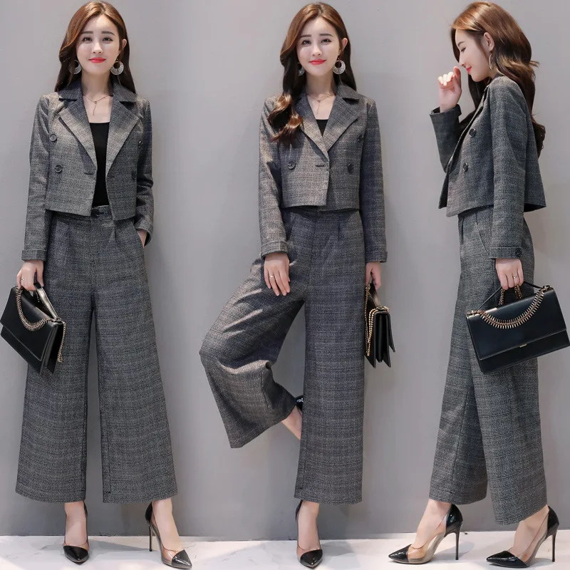 

Women Suit Gray Casual Blazer & High Waist Pant Office Jacket Pant Suits Korean Femme 2 pieces set