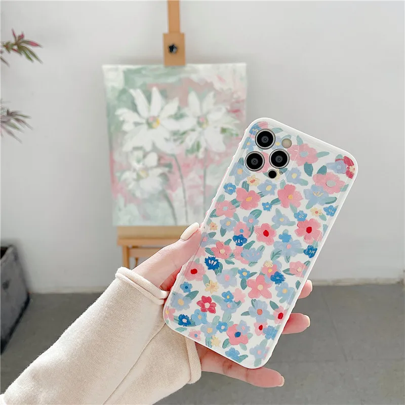 

Cartoon Floral Flower Phone Case For iPhone 11 12 Pro Max XR XS Max 7 8 Plus Side Print Shockproof Back Cover For iPhone 11 Case