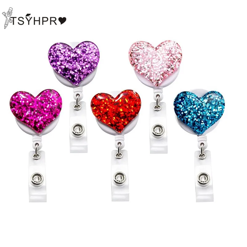 

Bling Love heart-shaped retractable badge holder, ID card badge reel, with 360 Degrees crocodile rotating badge holder