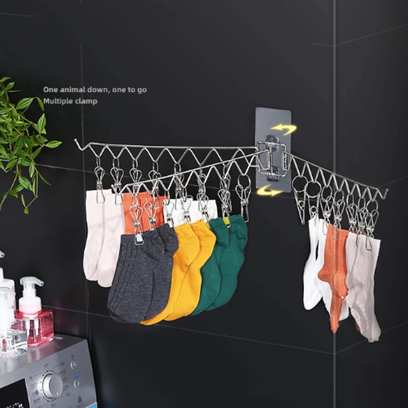 

Stainless Steel Wall-mounted Drying Rack Socks Finishing 21 Clip Rotating Folding Underwear Storage Drying Rack Socks Rack