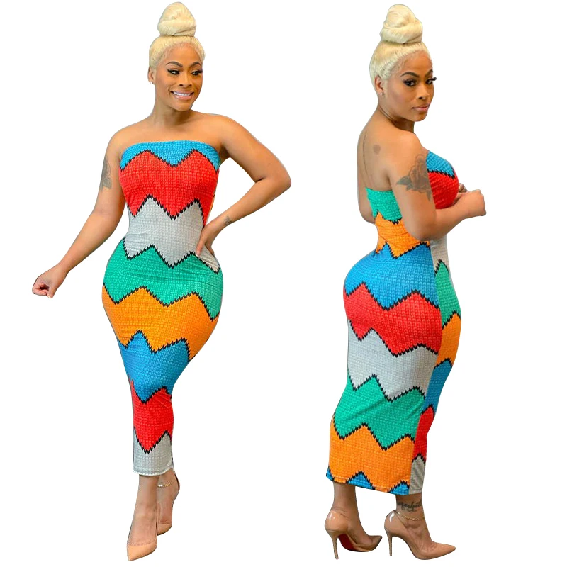 

K9845 2021 Summer Women New Sexy Colours Printed Strapless Bodycon Long Dress
