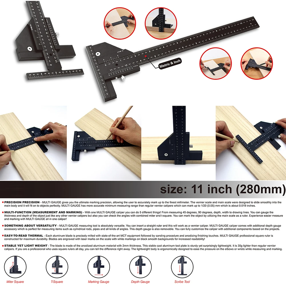 

High Precision Multifunction Woodworking Scribe Metric Inch Aluminum Alloy T Type Ruler Scribing Marking Gauge DIY Accessories