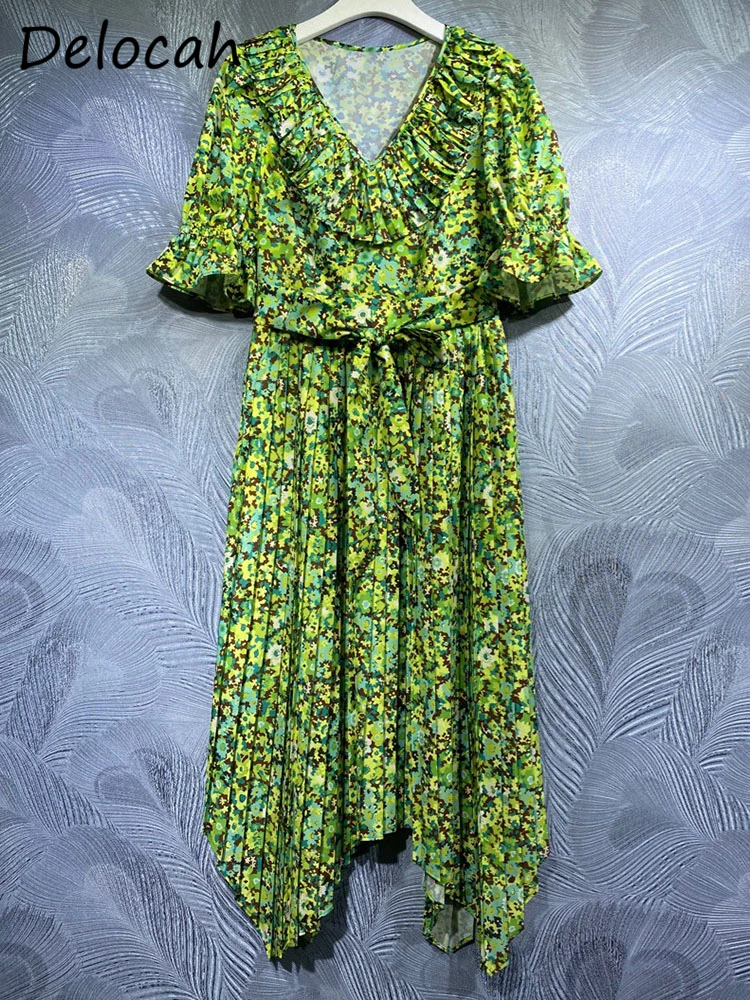 

Seifrmann 2022 Summer Women Fashion Designer Pleated Dress Flare Sleeve Gorgeous Ruffles High Waist Floral Print Ladies Dresses