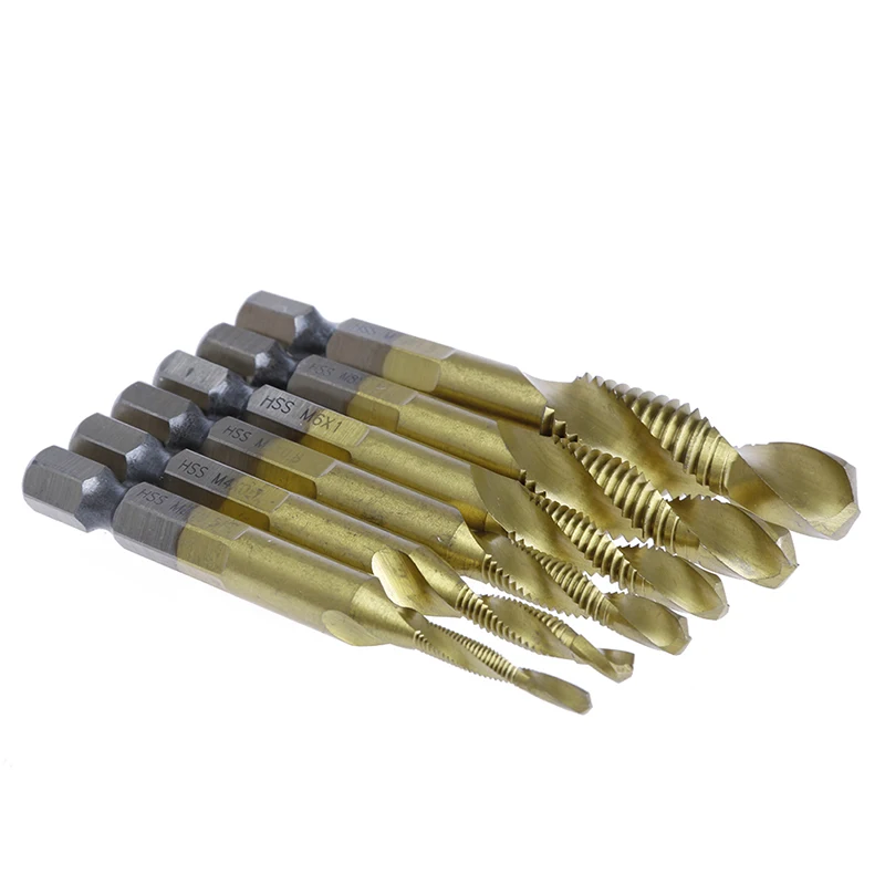 

P9YB 6 Pcs/Set HSS4241 Titanium Coated Drill Bits Hex Shank Spiral Tap M3-M10