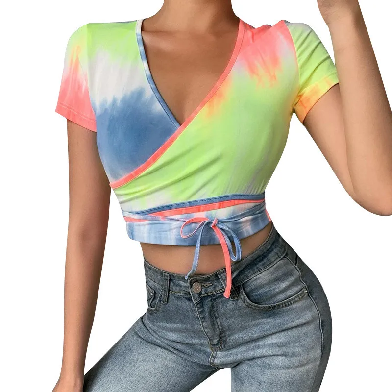 

Women Gradient Printing Tee Tops Ladies Summer Short Sleeve Bandage Top Sexy V Neck Streetwear Club Clothes Tie Dyeing T Shirt