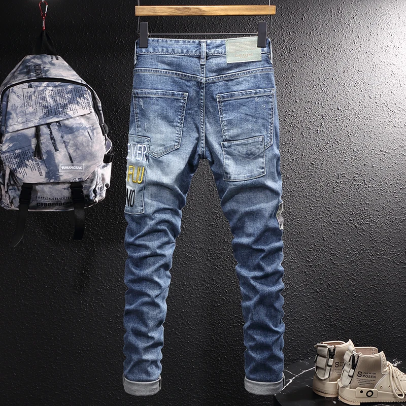 American Street Fashion Men Jeans Retro Blue Embroidery Designer Slim Fit Ripped Jeans Men Patchwork Casual Hip Hop Denim Pants