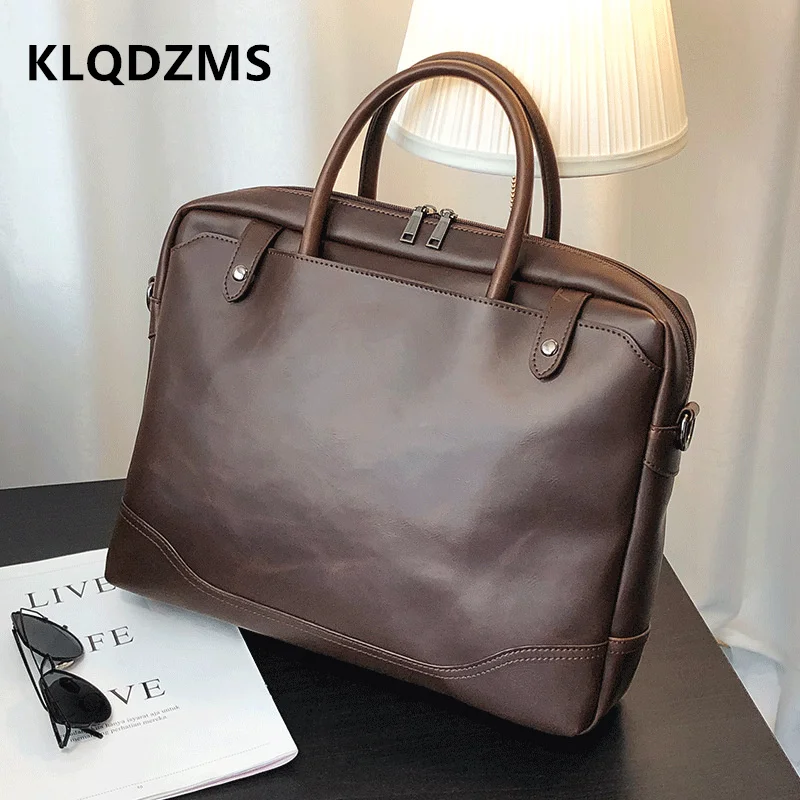 KLQDZMS Men's Handbag Briefcases Male Simple Bag Vintage PU  Leather Bags Teenagers Classic Handbag Hot Sell