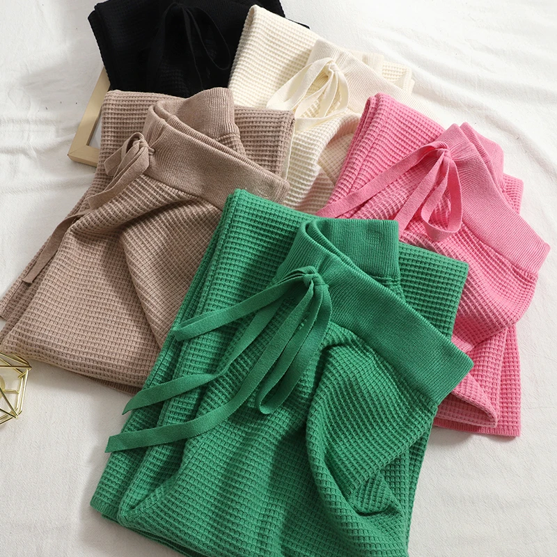 

GUUZYUVIZ Loose Ladies Green Knitted Wide Leg Pants Women Autumn Winter Vintage Bandage Sweatpant Casual High Waist Trousers