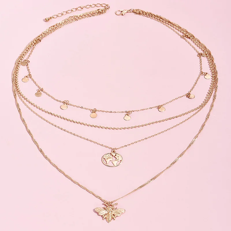 Многослойная золотая цепочка с подвеской в виде карты и пчелы|Ожерелья