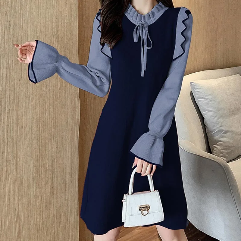 

One-Piece 2020 Korean Style Spring Autumn Chic Dress French Elegant Temperament Dress Fake Two Sweater Knitting Stitching Dress