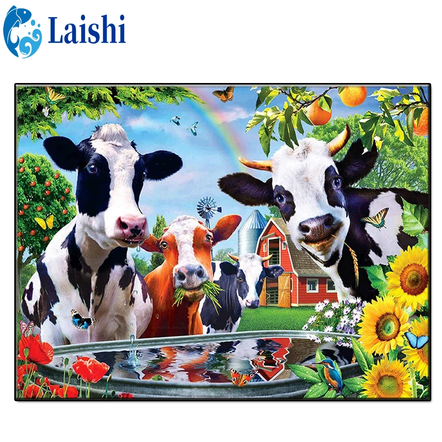 

Diamond embroidery Rainbow, farm landscape, cows full round drill Square Diamond painting Cross Stitch Rhinestone mosaic decor