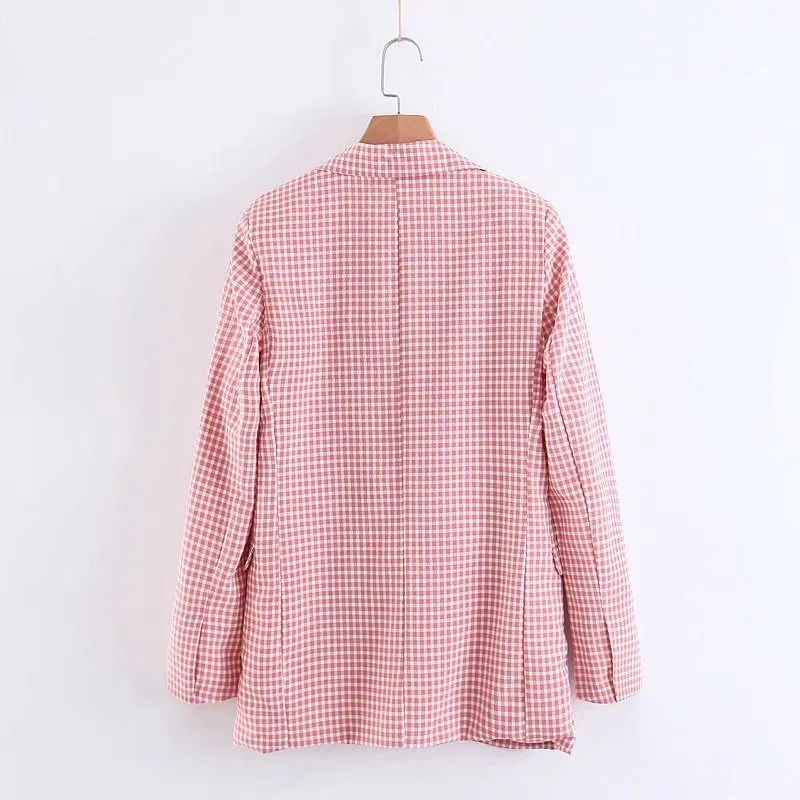 Женский клетчатый блейзер с длинным рукавом на одной пуговице розовый пиджак в