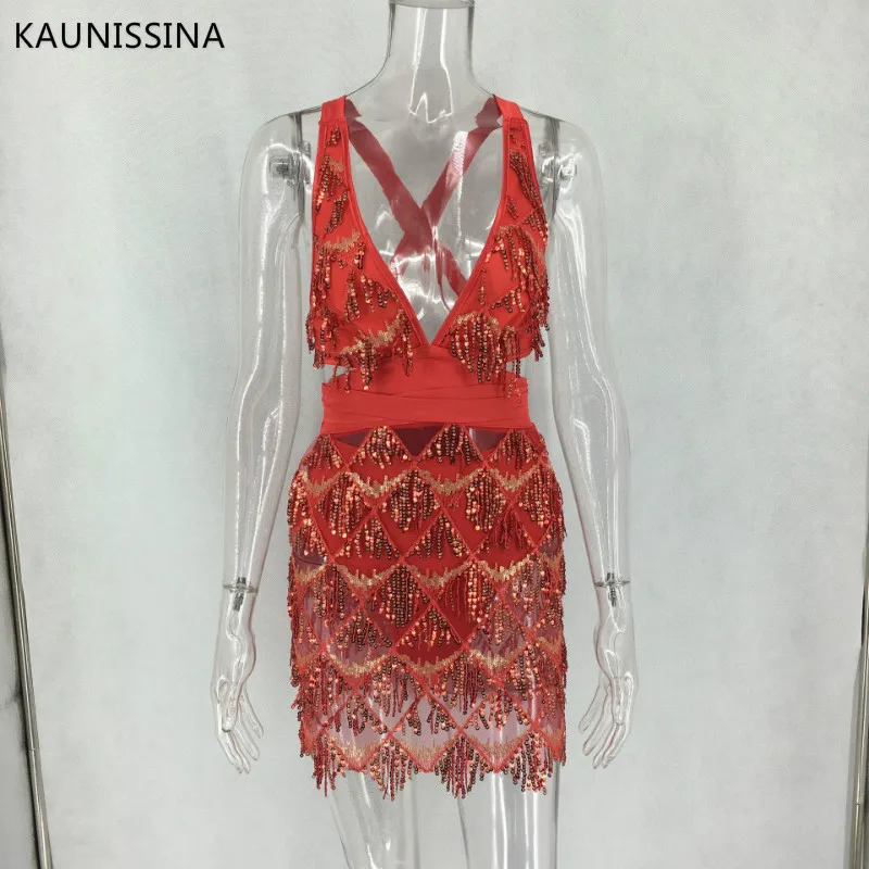 Red KAUNISSINA Блестками Bodycon Коктейльные мини-платья Глубокий v-образный вырез спинки Vestidos вечерние платья Сексуальная клубная женская одежда реальное фото - Цвет: Red