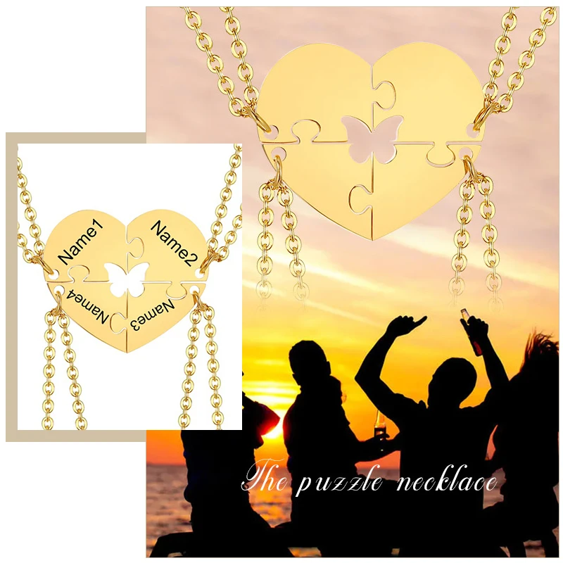 

Free Personalized Engrave BFF Necklaces, 3/4 Pcs/Set Cross Butterfly Stars Heart Puzzle Pendants,Custom Best Firends Collar Gift