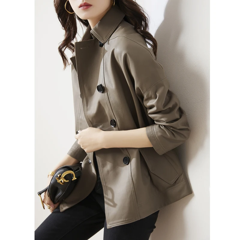 SHUCHAN  Genuine Leather Jacket  Sheepskin  Spring/Autumn  England Style  Double Breasted Leather Sheepskin Leather Jacket