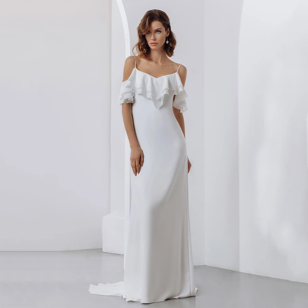 

Romantic A Line Civil Wedding Dresses 2021 Bride Simple White Jersey Bridal Gown For Woman Spaghetti Straps Plus Size Vestidos