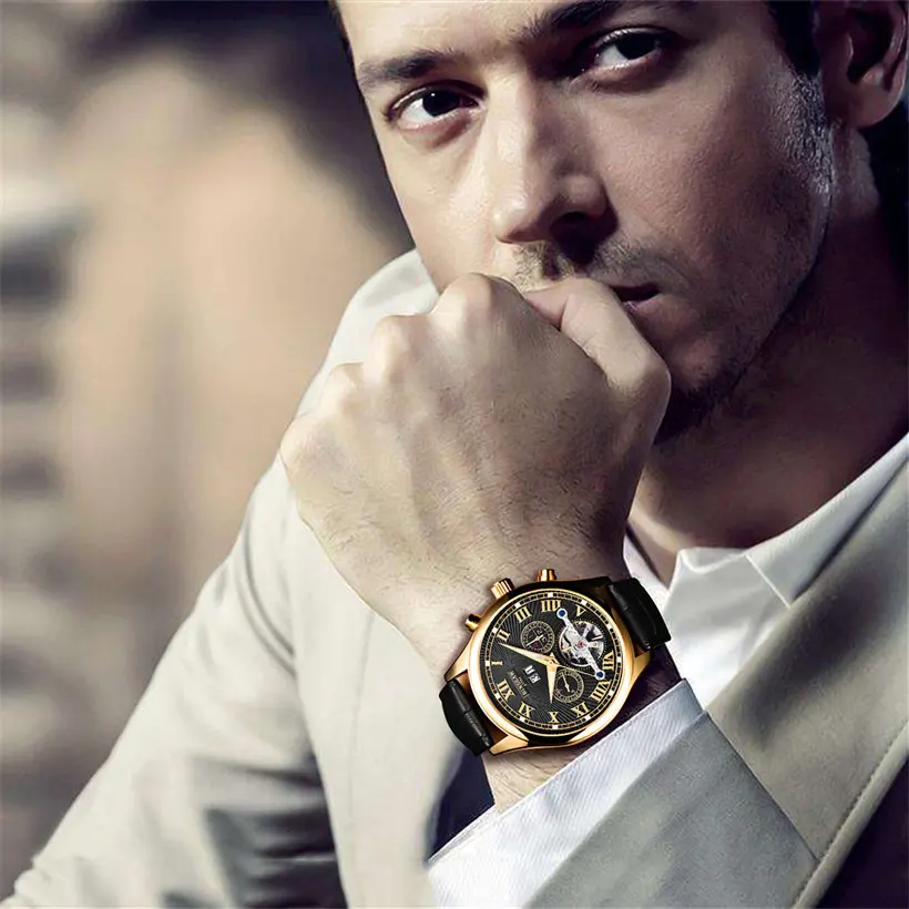 

BINSSAW Men Automatic Mechanical Watch Tourbillon Leather Business Fashion Top Luxury Brand Gold Watches Relogio Masculino gifts