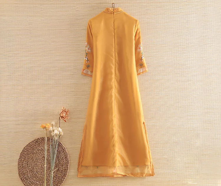 Осеннее женское платье-Ципао из органзы в этническом ретро-стиле элегантное