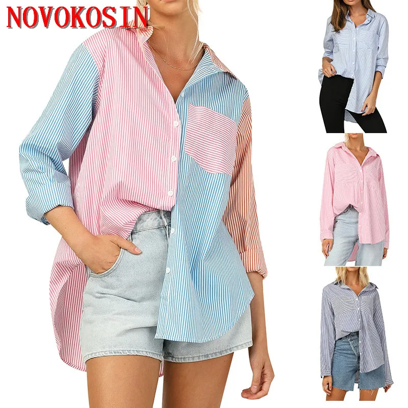 7 Colors 2022 Women Spring Summer Single Breasted Long Sleeved Blouse Printed Striped Female Two Pocket S-XL Loose Casual Shirt