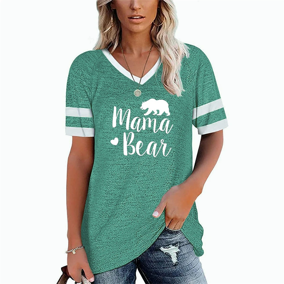 

Letter Bear Print Women T-shirt Summer Short Sleeve Women T Shirt Tops V-neck Casual Female Tshirt Woman T-shirts Pink Tee Tops